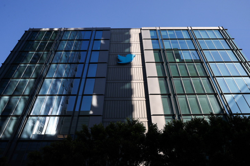  Utsikt over Twitter-hovedkvarteret avbildet med et blått fugleikon.