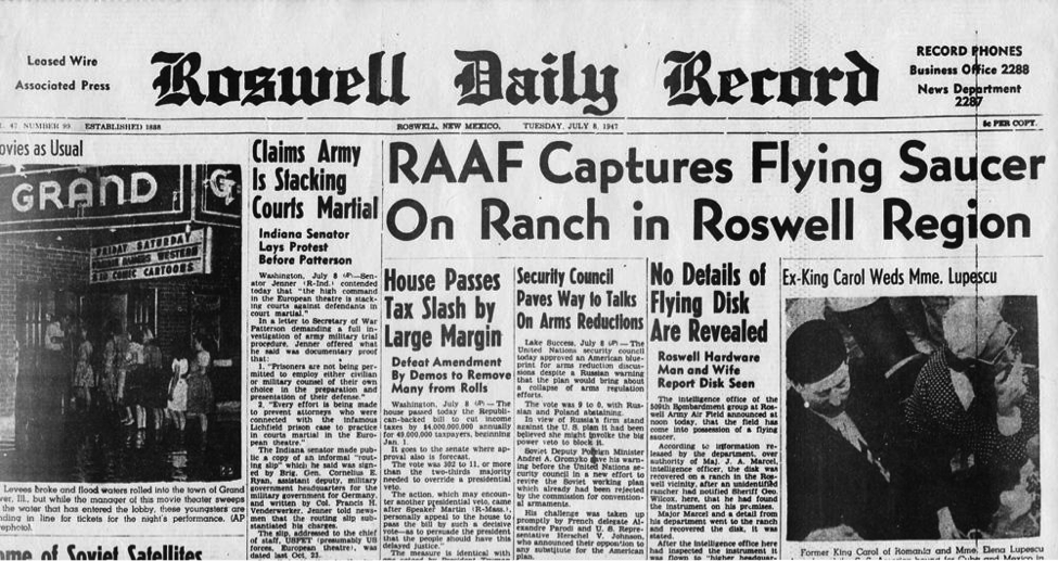 Registrul zilnic Roswell din 8 iulie 1947 a stârnit ani de teorii ale conspirației despre acoperirea guvernului. (Wikimedia)